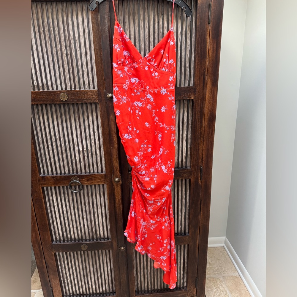 EUC Nicholas Red and Light Blue Floral Asymmetrical Midi Dress - Size 8